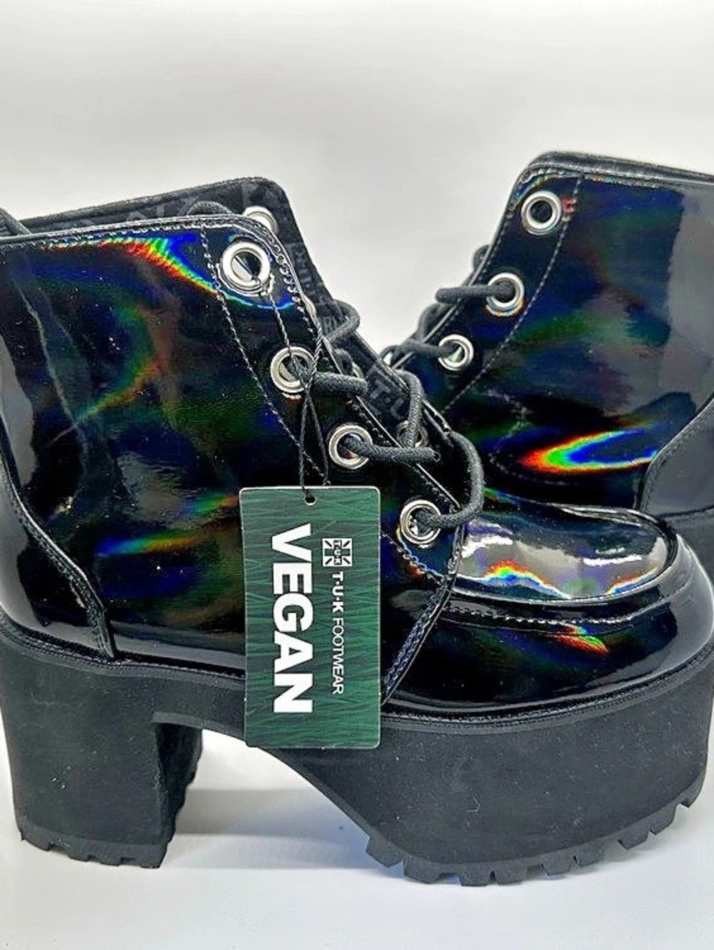 T.U.K. Black Patent Platform Holographic Combat Boots US 7 NWT
